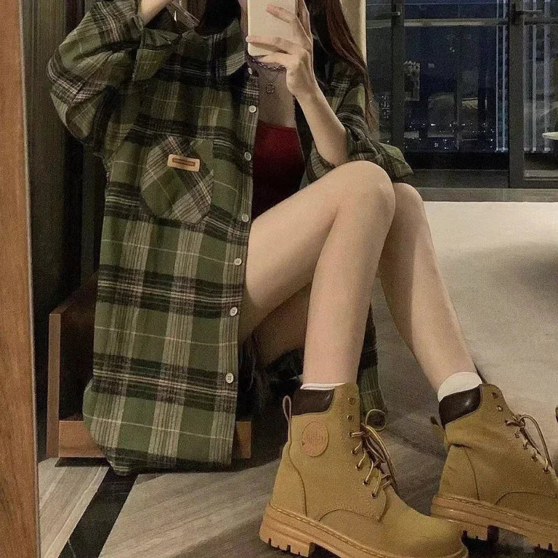 Harajuku Green Plaid Oversized Shirt - Women’s Vintage Long Sleeve Button Blouse, Korean Streetwear Aesthetic