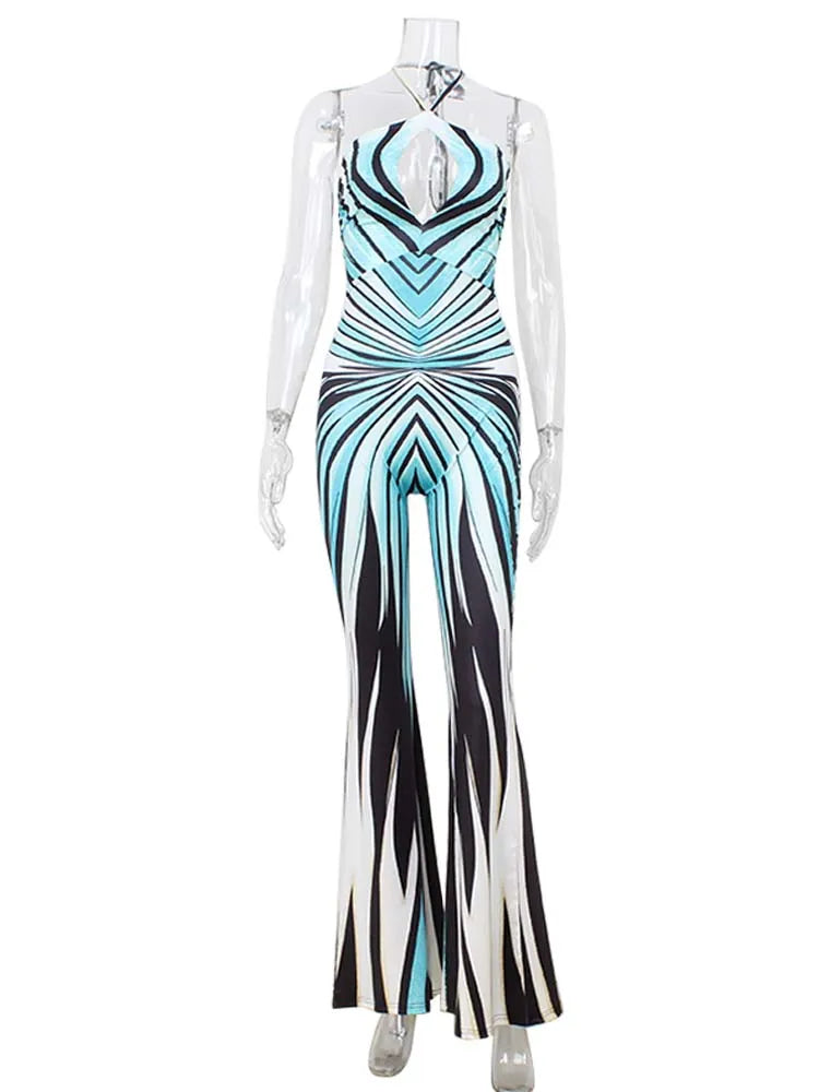 Ahagaga Women's Printed Halter Jumpsuit — Cutout Bandage Bodice, Striped Flare Pants, Slim Fit Summer Streetwear