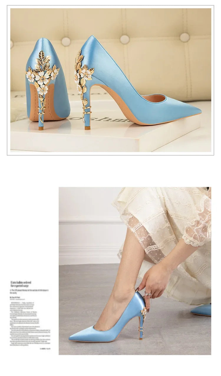 Women's Satin Pointed-Toe Stiletto Pumps with Metal Flower Detail — High Heel Wedding Shoes