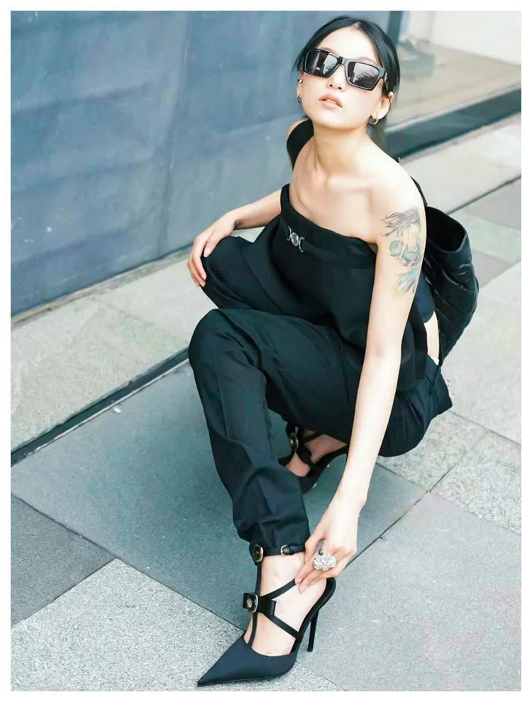 Bow Tie Pointed Toe Thin Heel Sandals for Women, Roman Straight Strap, 2.0-3.1 in (5-8 cm) Heel