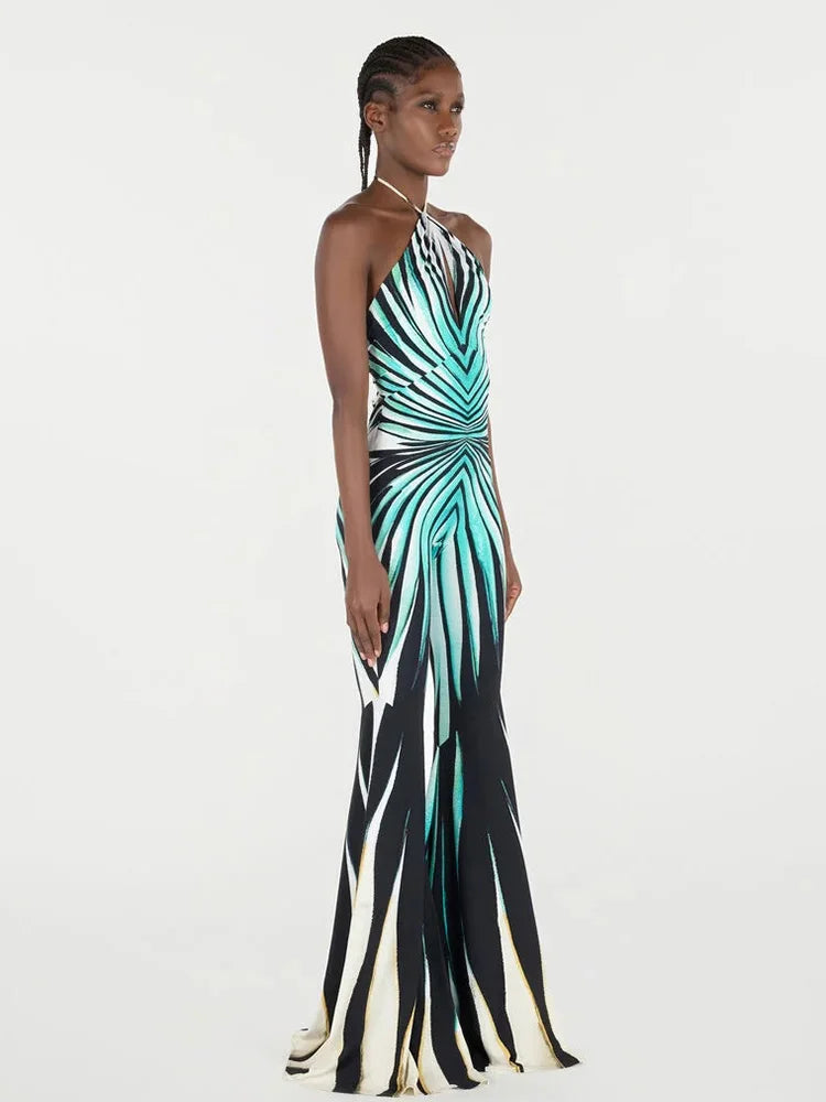 Ahagaga Women's Printed Halter Jumpsuit — Cutout Bandage Bodice, Striped Flare Pants, Slim Fit Summer Streetwear