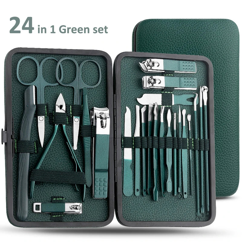 Green Stainless Steel Nail Clipper Set — 7/13/24-Pc Portable Manicure & Pedicure Tools
