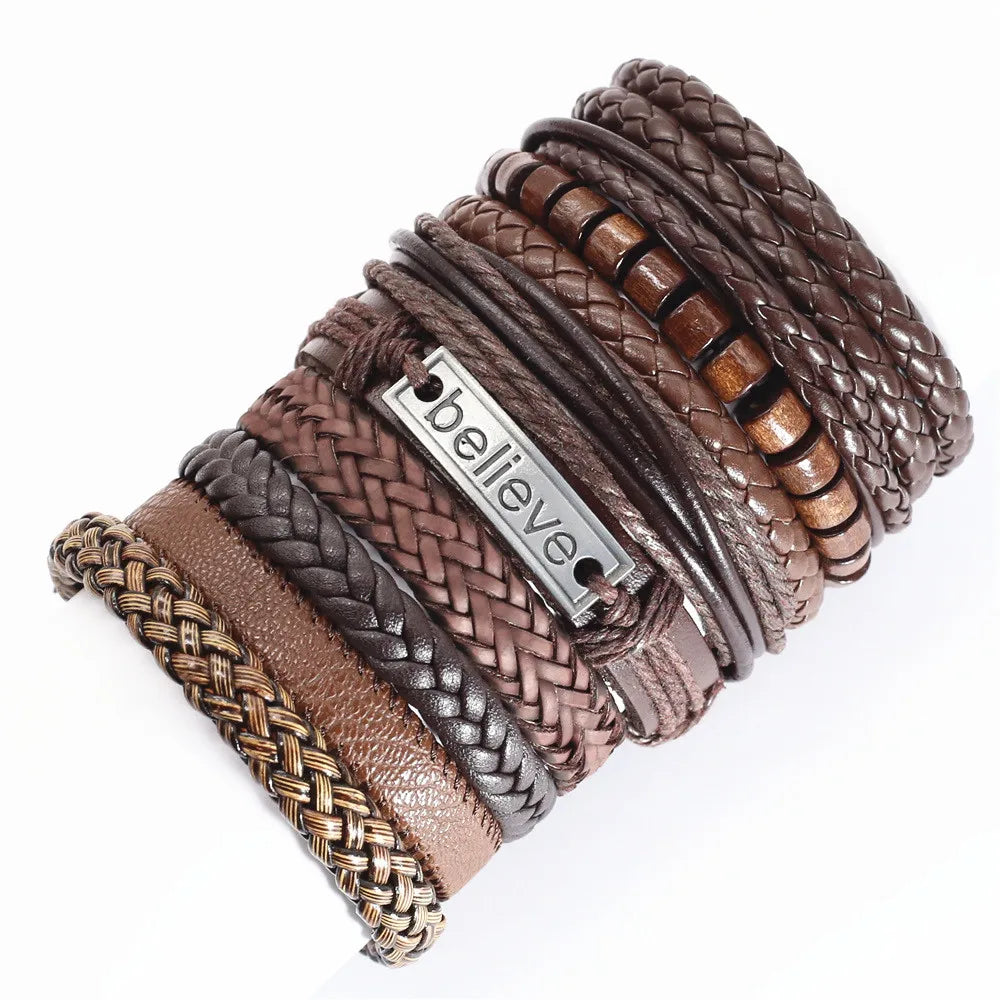 10-Pack Adjustable Black Woven Wrap Leather Bracelets – Handmade Unisex Rope Chain Lace-Up