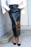 Plus Size Faux Leather Studded High-Waist Split Skirt — Slim Streetwear Casual