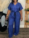 Purple Geometric Waist-Cinching Jumpsuit for Women — Mid-Waist Striped Ankle-Length Polyester
