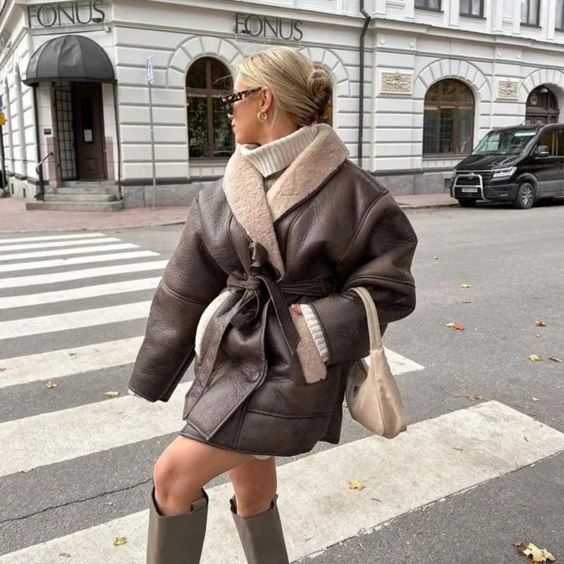 Women's Long Faux Leather Overcoat with Fur Collar & Belt — Wool-Lined Single-Breasted Coat with Pockets