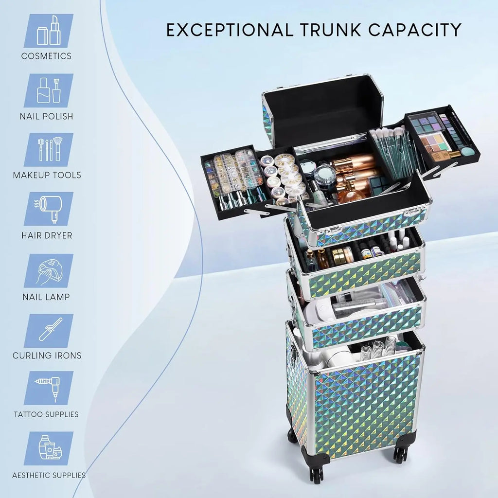4-in-1 Rolling Makeup Train Case – Large Capacity Cosmetic Trolley with Wheels & Locking Keys for Salon and Travel