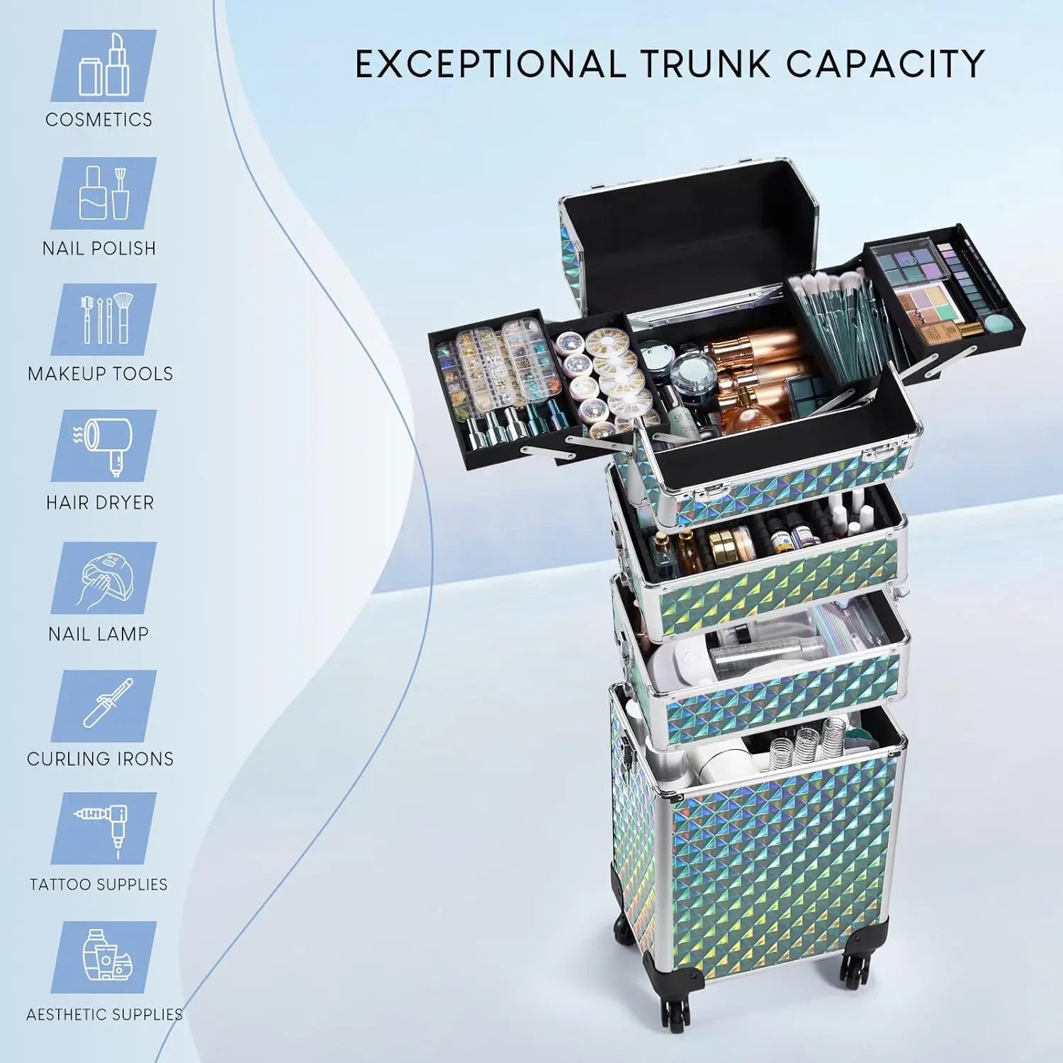 4-in-1 Rolling Makeup Train Case – Large Capacity Cosmetic Trolley with Wheels & Locking Keys for Salon and Travel