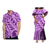 Women's Plus Size Double-Layer Ruffle Sleeve Fishtail Mermaid Maxi Dress, Polynesian Print Ankle-Length