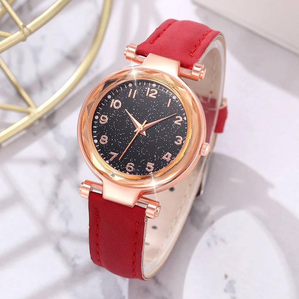6-Piece Red Women’s Watch & Cherry Jewelry Gift Set – Minimalist Quartz Watch with Leather Strap