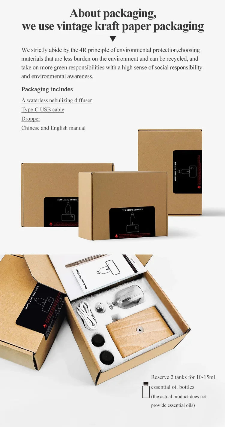 Nebulizing Essential Oil Diffuser - Battery Operated Wood and Glass Aromatherapy Diffuser for Home & Office