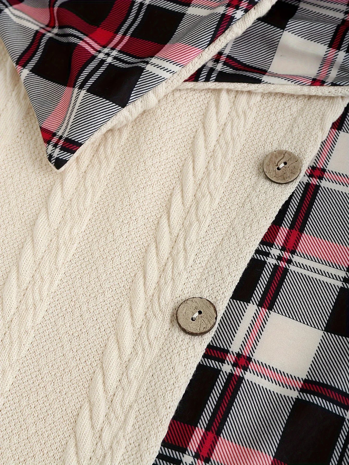 Women's Plaid Knitted Hooded A-Line Dress with Faux Buckle, High-Waist Long Sleeves