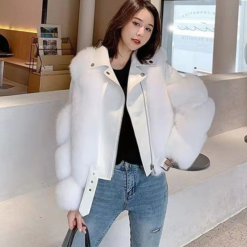 Women's Faux Fox Fur Short Jacket - PU Leather Motorcycle Coat, Warm Autumn Winter Luxury