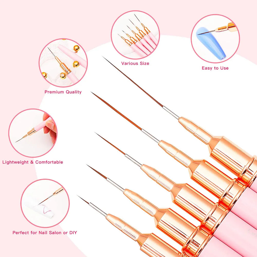 Nail Art Liner Brushes 5-Pack - Fine Detail Striping Pens (7/9/11/15/25 mm) for Gel & Acrylic Nail Design