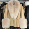 YOLOAgain Women's Genuine Sheepskin Leather Jacket with Real Fox Fur Detachable Collar & Sleeves - Belted Pockets, Autumn/Winter