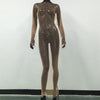 Shiny Rhinestone Fishnet Mesh Dress Long Sleeve O-Neck Hollow-Out Side Slit Sexy Beach Cover-Up for Women One Size