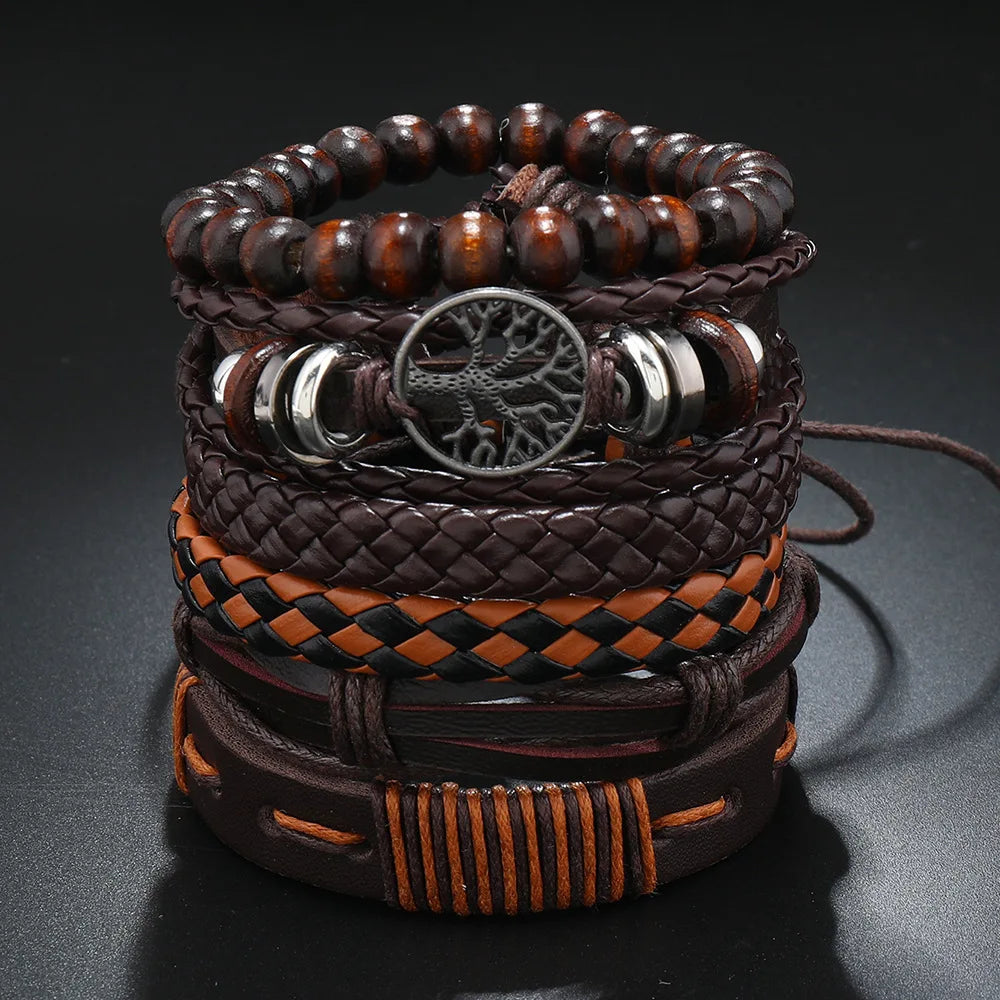 6-Pack Red & Black Handmade Wrap Leather Bracelets with Wood Beads - Adjustable Unisex Boho Bangle Set