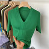 Women's Short Sleeve V-Neck Slim Fit Knit Sweater - Korean-Inspired Pullover Top