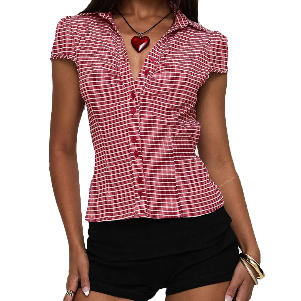 Women's Plaid Short Sleeve Button-Down Shirt Lapel Collar Casual Blouse