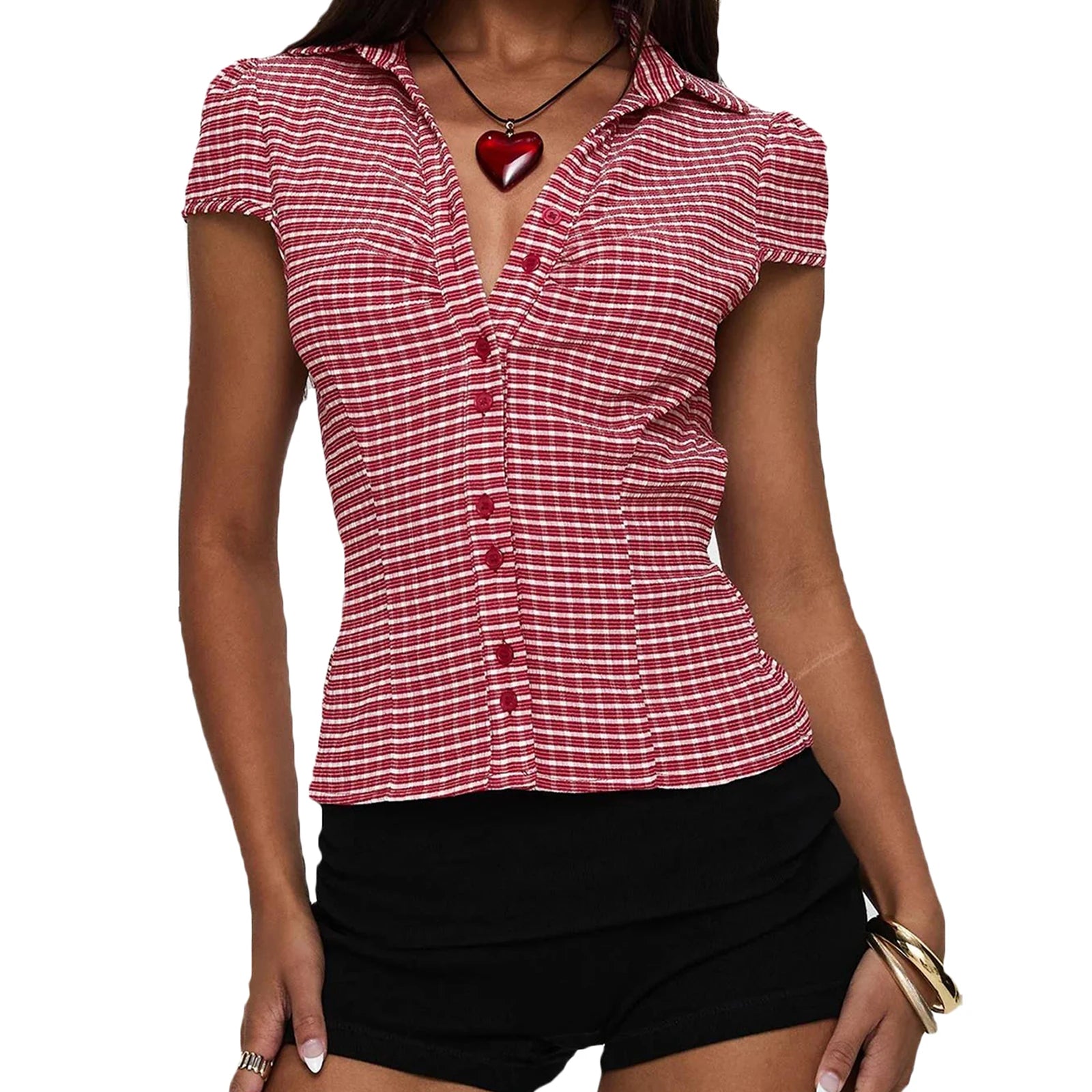 Women's Plaid Short Sleeve Button-Down Shirt Lapel Collar Casual Blouse