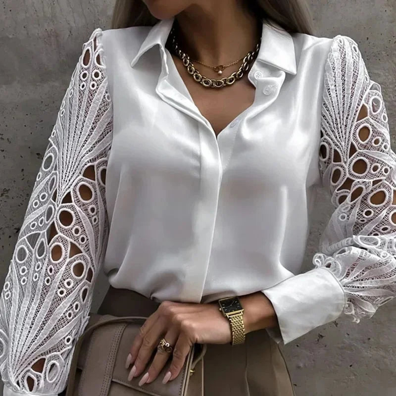 Women’s Lace V-Neck Pullover Blouse Long Sleeve Casual Shirt, Regular Fit with Tatting Trim - Spring/Summer