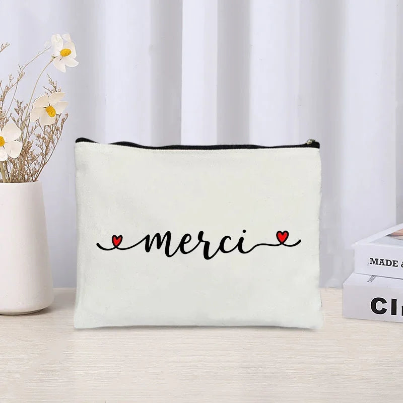 Thank You Makeup Bag Cosmetic Pouch - Merci Teacher Gift Travel Zipper Canvas Pouch (22 x 14 cm / 8.7 x 5.5 in)