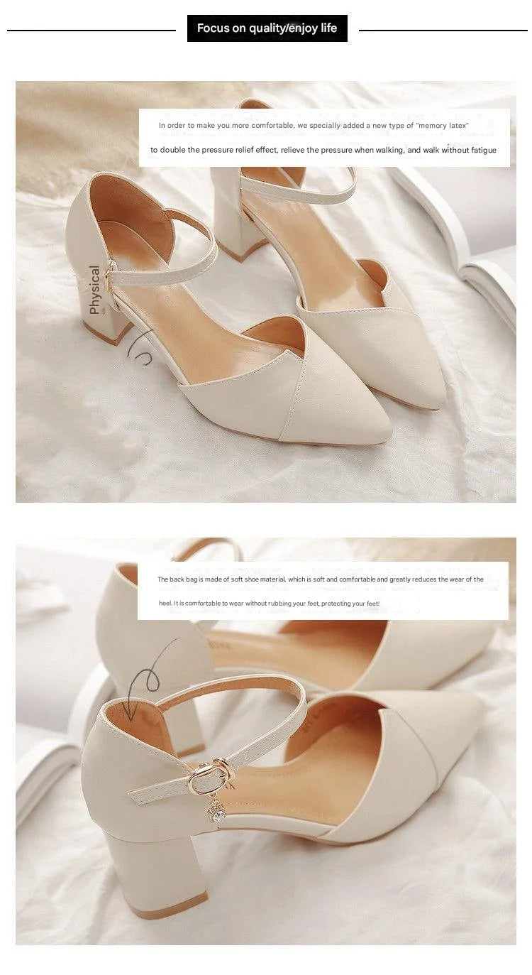 Women's Pointed Toe Square Heel Pumps – Comfortable Faux Leather Buckle Strap Heels (3–5 cm) for Office & Party