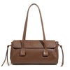 Genuine Cowhide Leather Women's Shoulder Bag Large Capacity Black Baguette Handbag with Long Strap