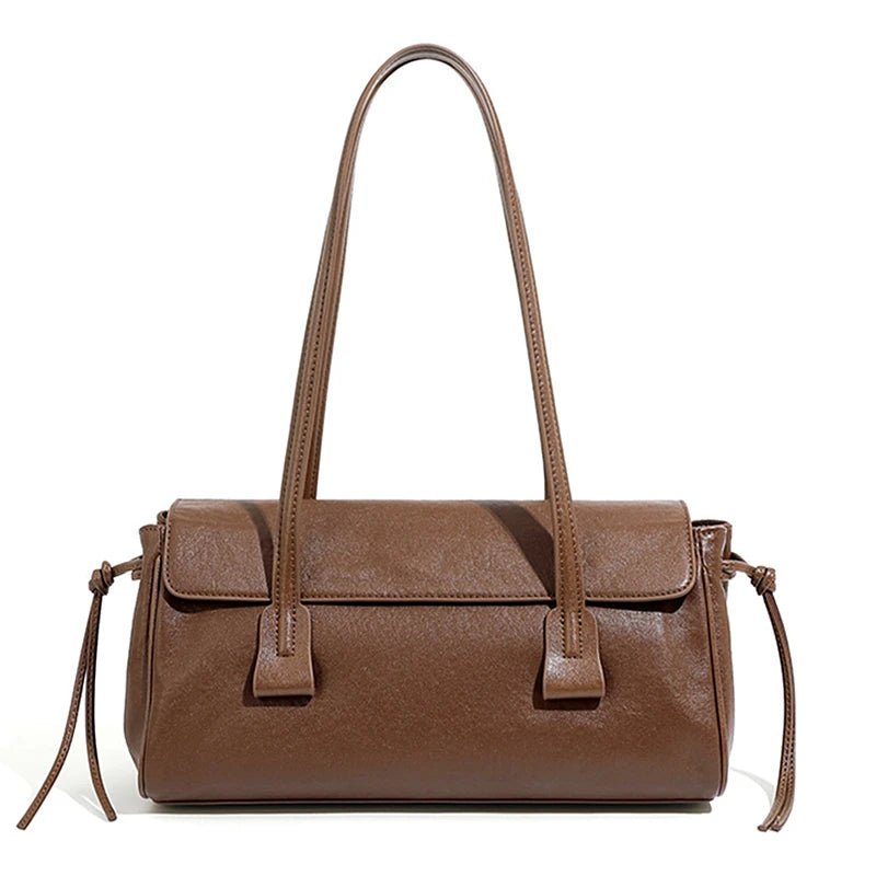 Genuine Cowhide Leather Women's Shoulder Bag Large Capacity Black Baguette Handbag with Long Strap