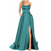 Navy Blue Halter Satin Bridesmaid Dress – Long Spaghetti Straps A-Line with Backless Criss-Cross, Side Slit & Pockets