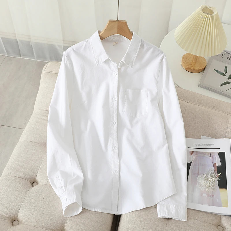 Women's Cotton Oxford Shirt - Casual Long-Sleeve Striped Blouse in White & Blue