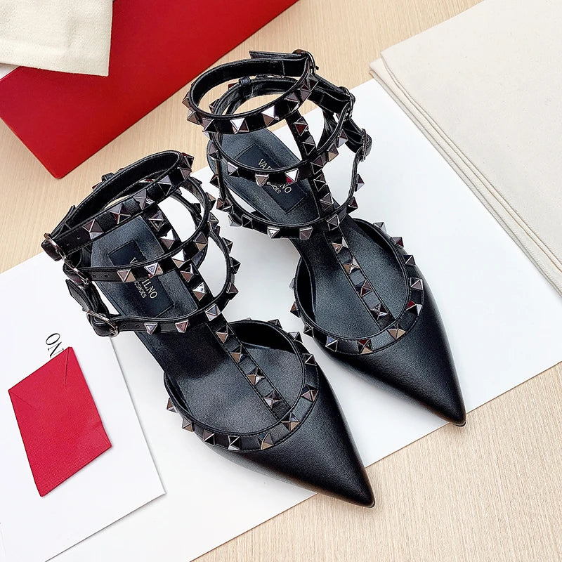 Women's Gladiator High-Heel Sandals - Black Patent Leather 3-Strap Ankle Strap Rivet Designer Heels