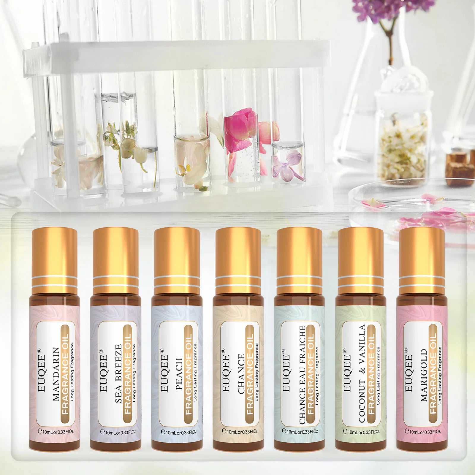 EUQEE 10ml Roll-On Fragrance Oil for Women - Portable Roller Perfume in Coconut Vanilla, Bubble Gum, Midnight Rose (Amber Glass)