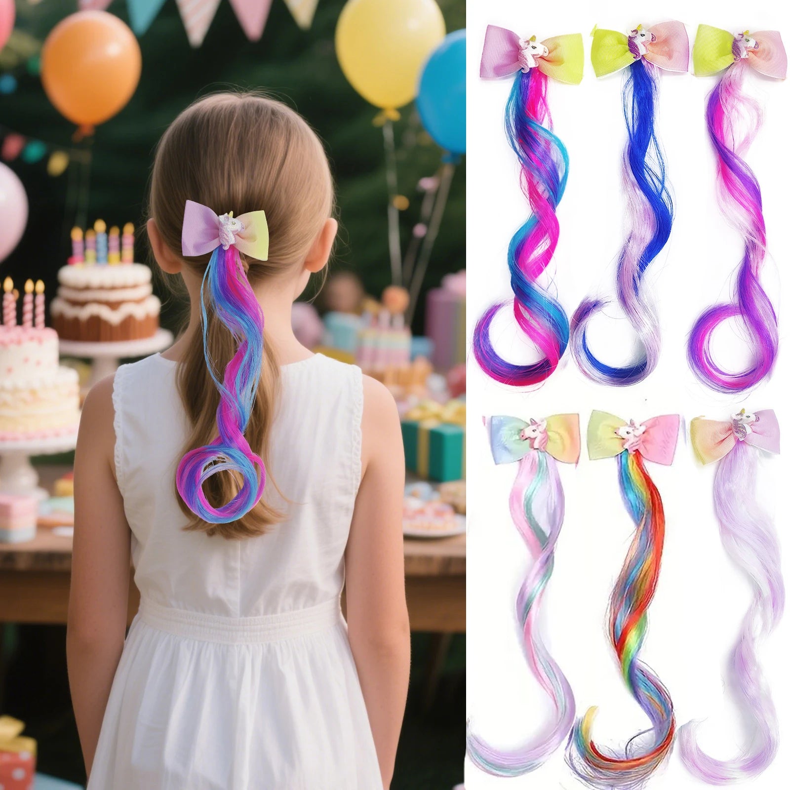 6-Pack Rainbow Ponytail Hair Extensions for Kids & Girls - Pre-Braided Colorful Hairpieces Lightweight Synthetic Braids for Parties and Gifts