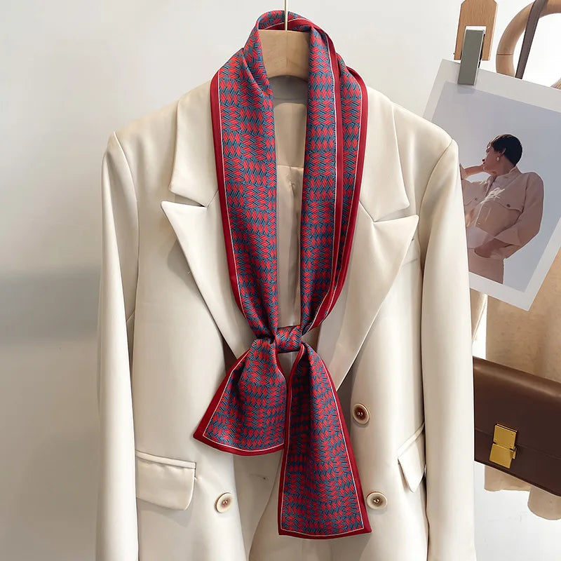 Women's Silk-Feel Printed Long Narrow Scarf 12 x 148 cm (4.7 x 58.3 in) - 50+ Colors | Headband & Shawl