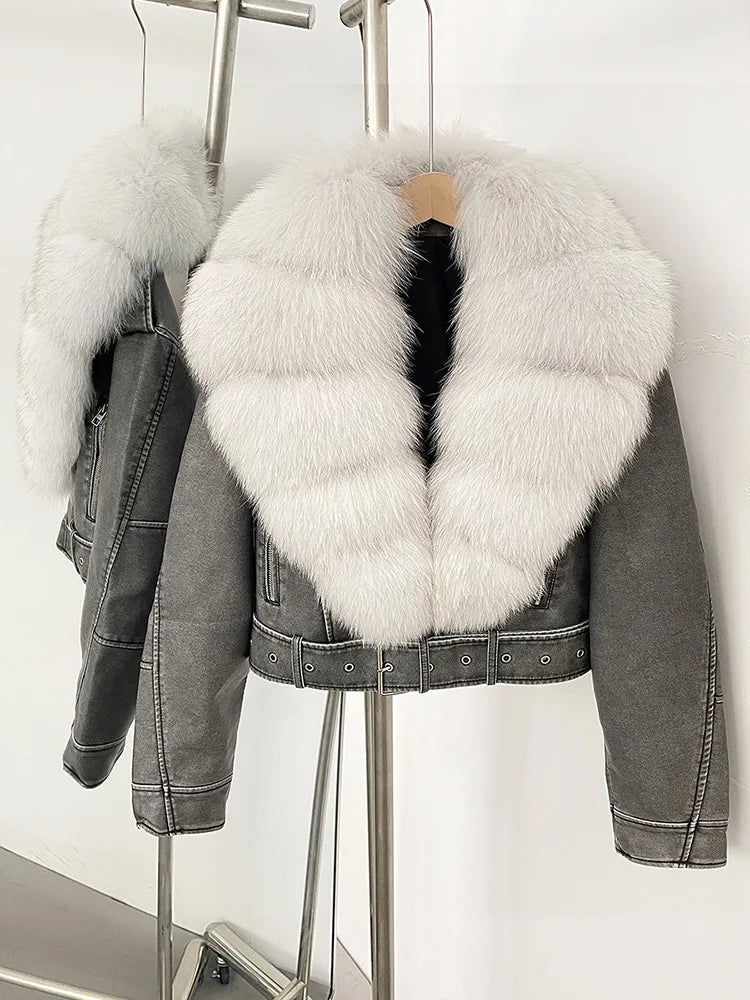 ZMEENNA Women's Faux Leather Moto Jacket with Detachable Faux Fur Collar - Short Warm Winter Coat