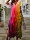 Women's Summer Boho V-Neck Printed Split Ankle-Length Dress Loose Resort Beach Evening