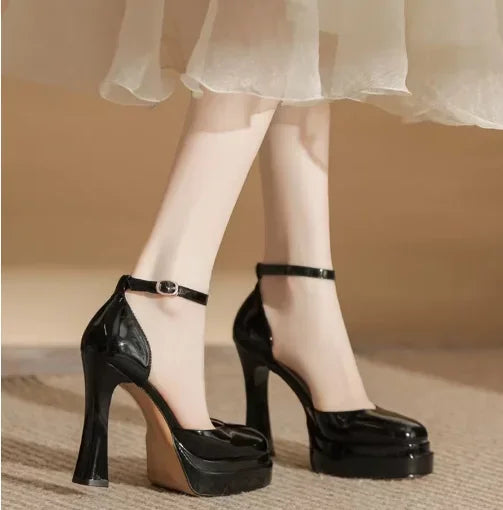 Women's Waterproof Patent PU Platform Sandals – 11 cm (4.3") Chunky Heel, Buckle Strap, White, EU 35-42