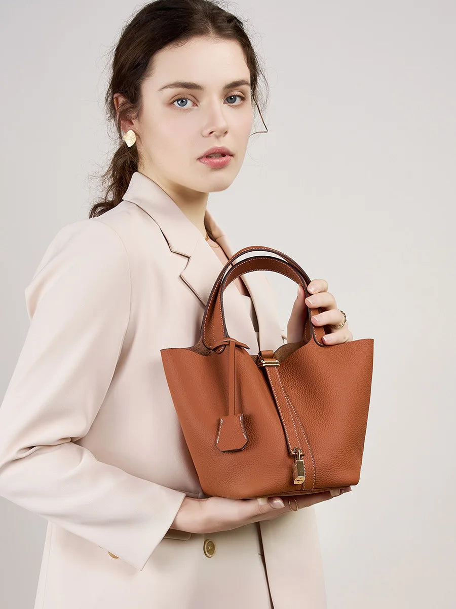 Women's Leather Bucket Bag – Basket-Style Drawstring Handbag, Mommy Bag for Bridal & Wedding