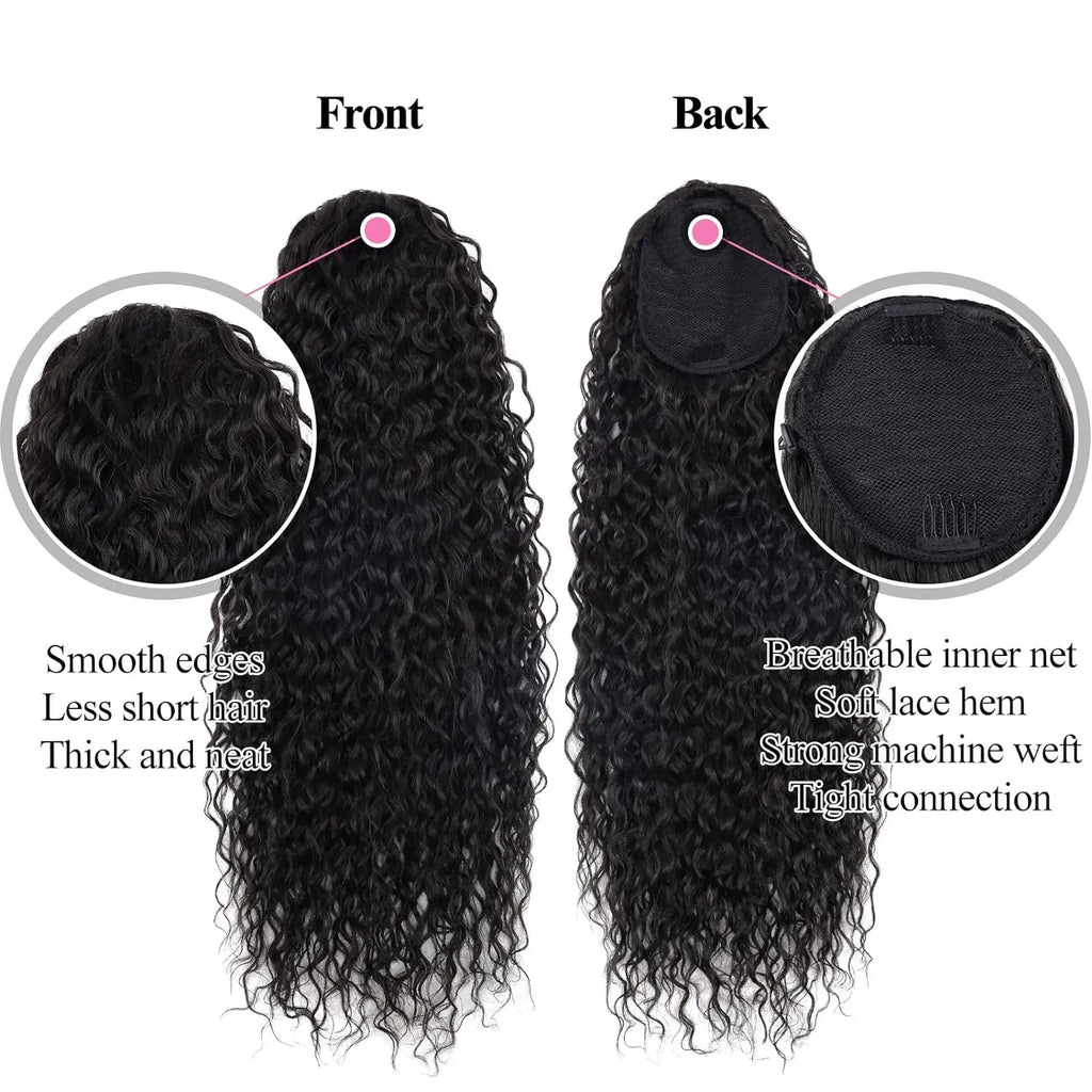 Deep Wave Drawstring Ponytail 26 in (66 cm) 100% Remy Brazilian Human Hair Clip-In Hairpiece - Natural Black