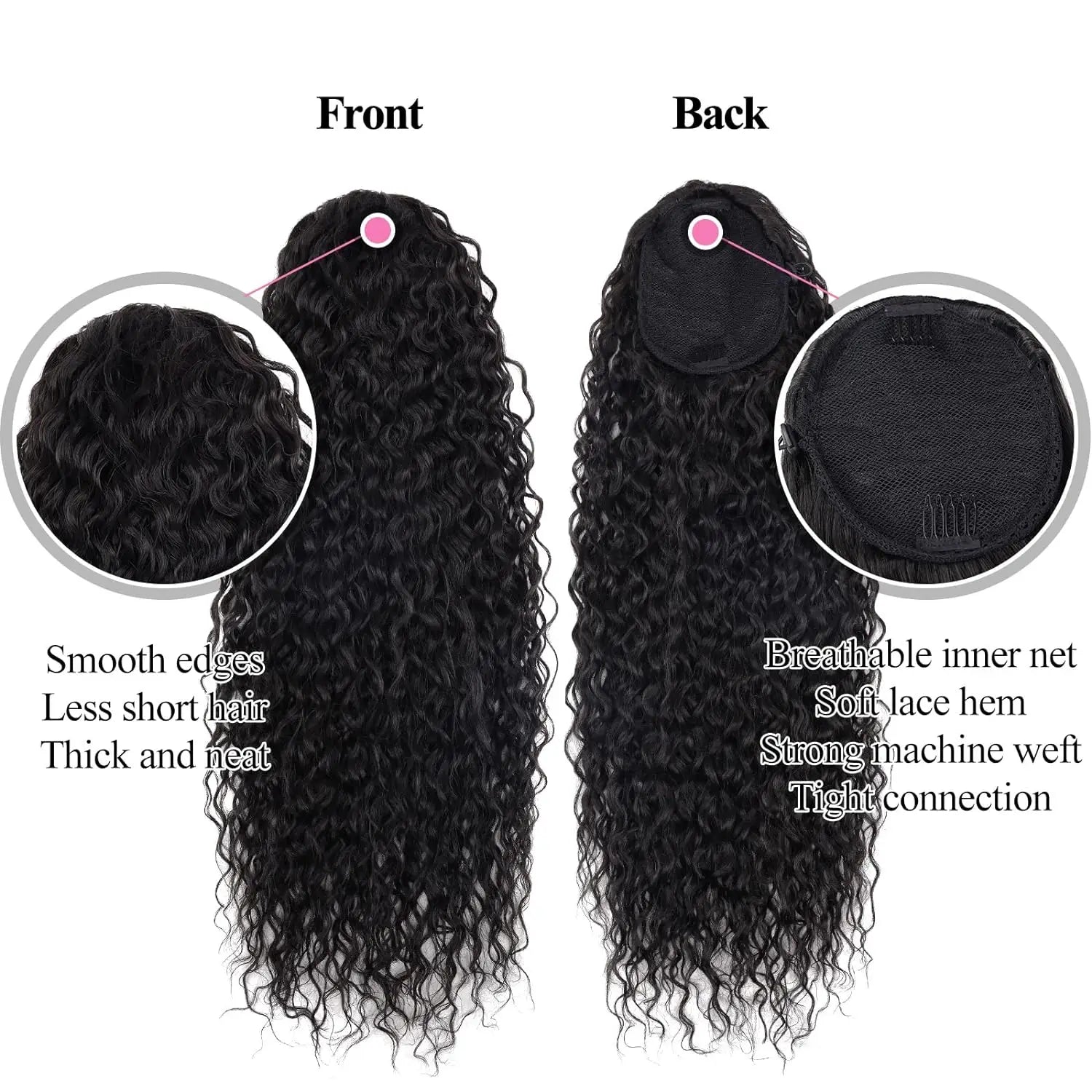 Deep Wave Drawstring Ponytail 26 in (66 cm) 100% Remy Brazilian Human Hair Clip-In Hairpiece - Natural Black