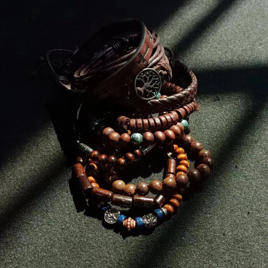 10-Pack Khaki & Black Woven Leather Wrap Bracelets - Handmade Adjustable Unisex