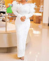 White Feather & Pearl Maxi Dress — High Waist Evening Gown for Wedding, Prom & Bridesmaid (Y2K Inspired)