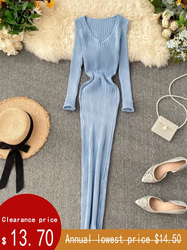SINGRAIN Women's Autumn Winter V-Neck Long Knit Sweater Dress Slim Stretch Mid-Calf Bodycon