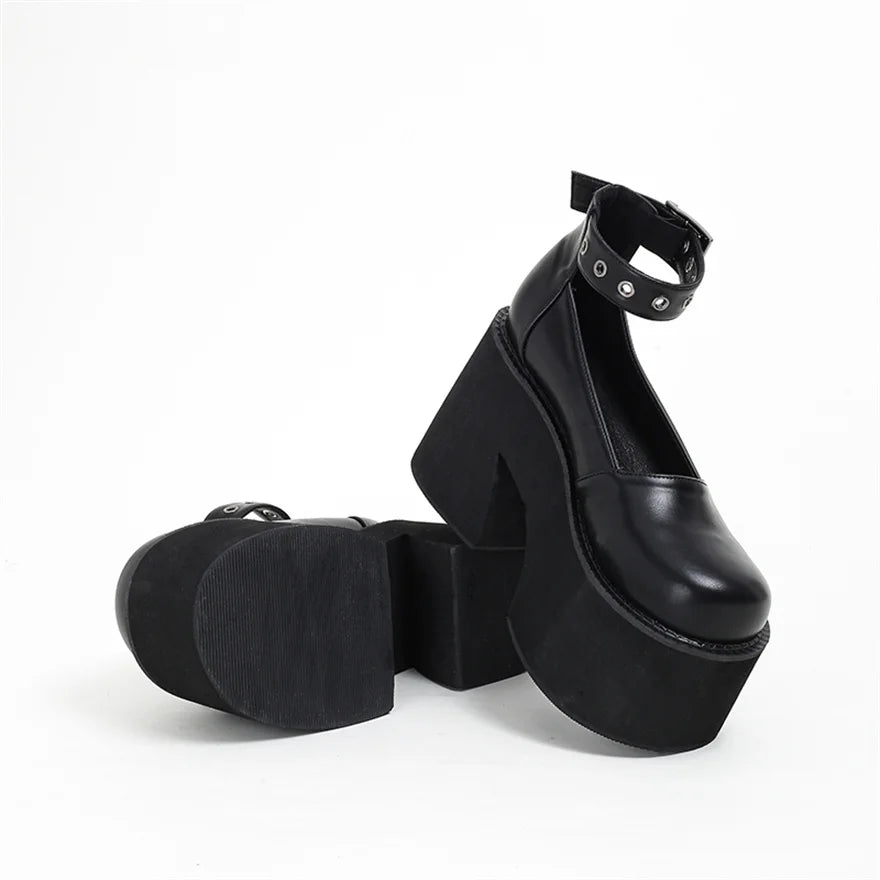 Women's Patent Leather Buckle Loafers – Retro Platform Pumps, 10 cm (3.94 in) Chunky Heel, 4 cm (1.57 in) Platform