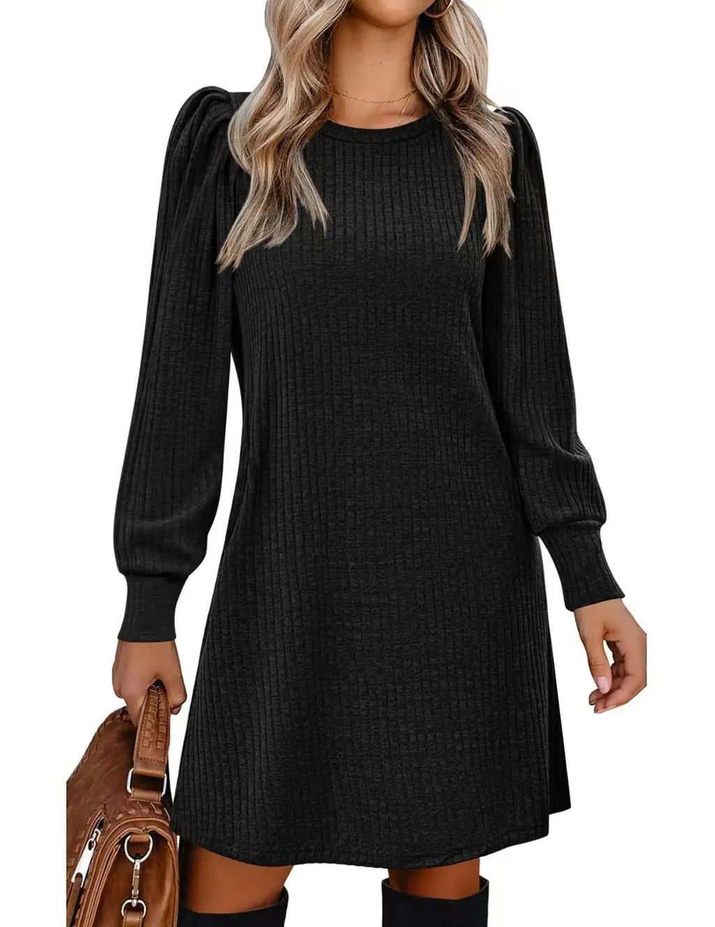 Women's Knit Puff Sleeve A-Line Dress with Pockets, Long Sleeve O-Neck Knee-Length Casual
