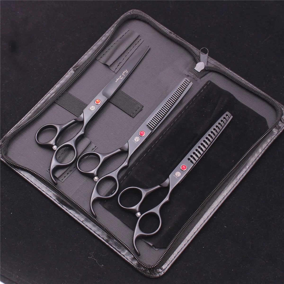 7-Inch (17.8 cm) Japanese 440C Pet Grooming Scissors Set — Straight 7 in, Curved 7 in, Thinning 6.5 in (16.5 cm) for Dog & Cat Grooming with Comb & Hemostatic Forceps