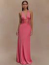 Mozision Women's Backless Halter Lace Maxi Dress - Deep V Patchwork Sleeveless High-Waist A-Line Gown