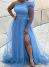 Plus Size One-Shoulder Mesh A-Line Maxi Dress with Split Hem — Floor-Length Wedding Guest & Cocktail Dress