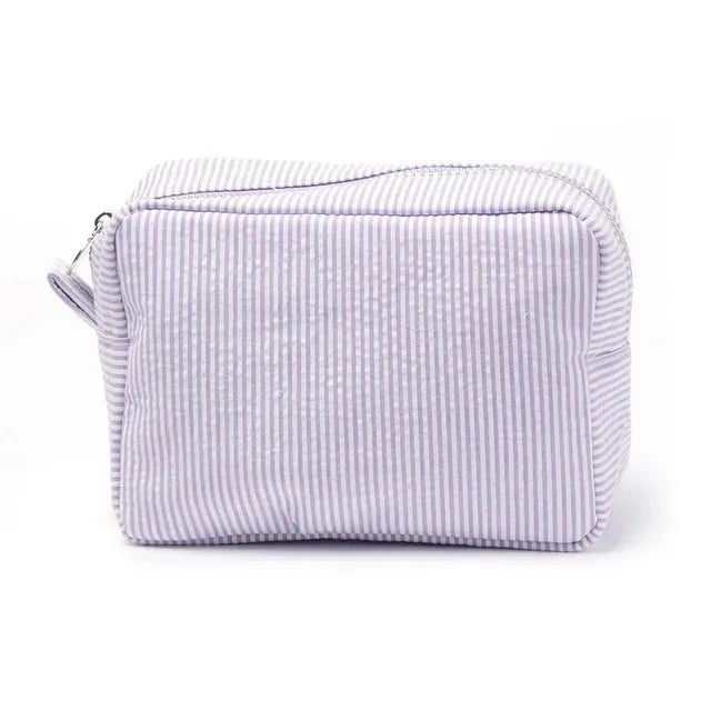 Personalized Seersucker Makeup Bag - Embroidered Cosmetic Pouch, Custom Toiletry Bag for Bridesmaids & Travel